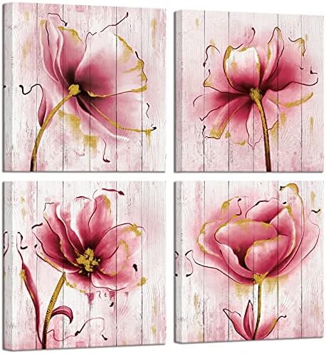 Artsbay Rózsaszín, Arany Virág Wall Art Dekor Virágos Fa Hátteret, Kép Festmény, Vászon Modern Galéria Csomagolva Még Élet