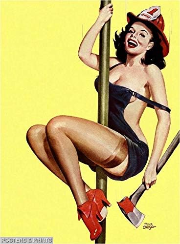 Designomite! 301277 1940-es évek Pin-Up Lány Tűz Belle 2 Tűzoltó Pole Kép, Art, Pin-Up Dekor, Fali 16x12 Poszter Nyomtatás