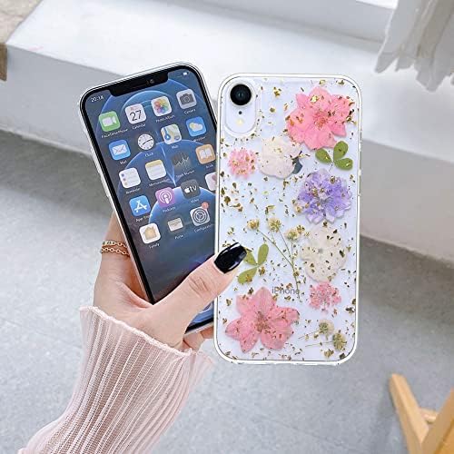 Abbery Tervezett iPhone XR Préselt Virág Esetben, Aranyos Bling Csillogó Szikra, Tiszta Design Puha TPU Szilikon Gumi Szárított